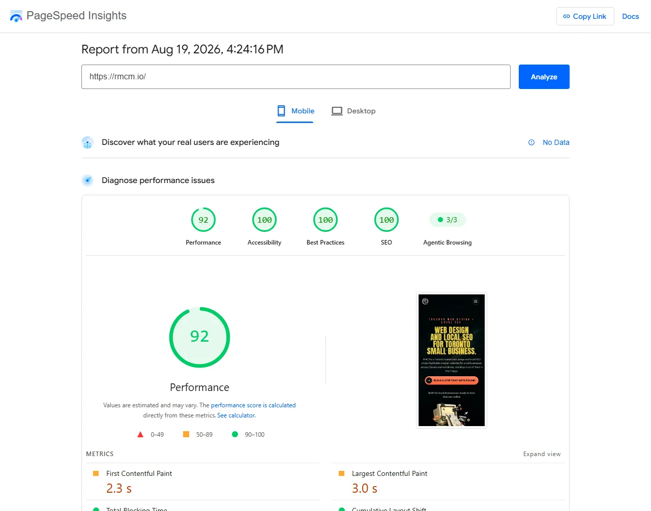 PageSpeed Insights report for rmcm.io showing No Data for real users, a performance score of 92, and a lab Largest Contentful Paint of 3.0 seconds