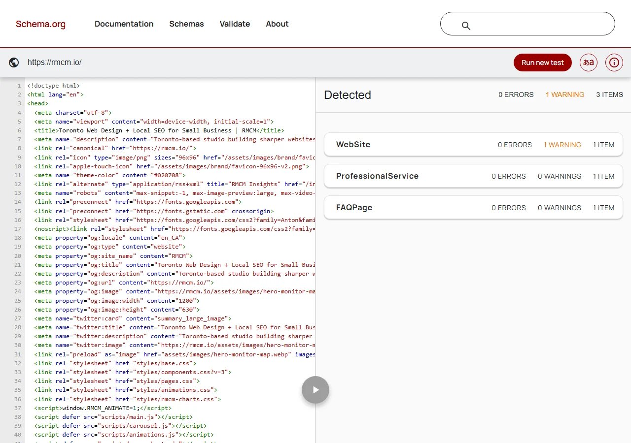 Schema.org validator results for rmcm.io showing WebSite with one warning, ProfessionalService with no errors, and FAQPage with no errors
