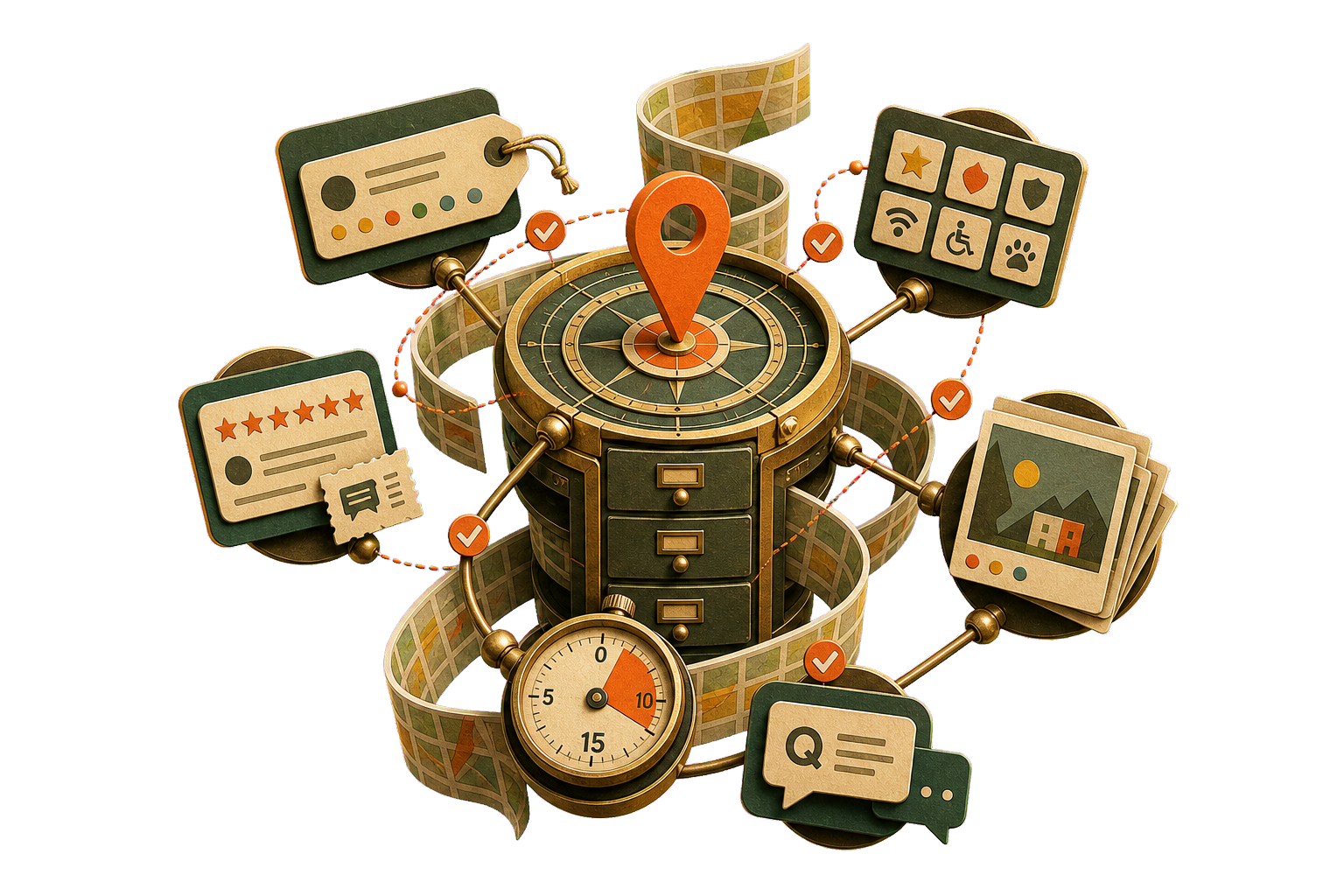 Surreal Google Business Profile audit instrument with orbiting category, review, photo, and Q&A modules