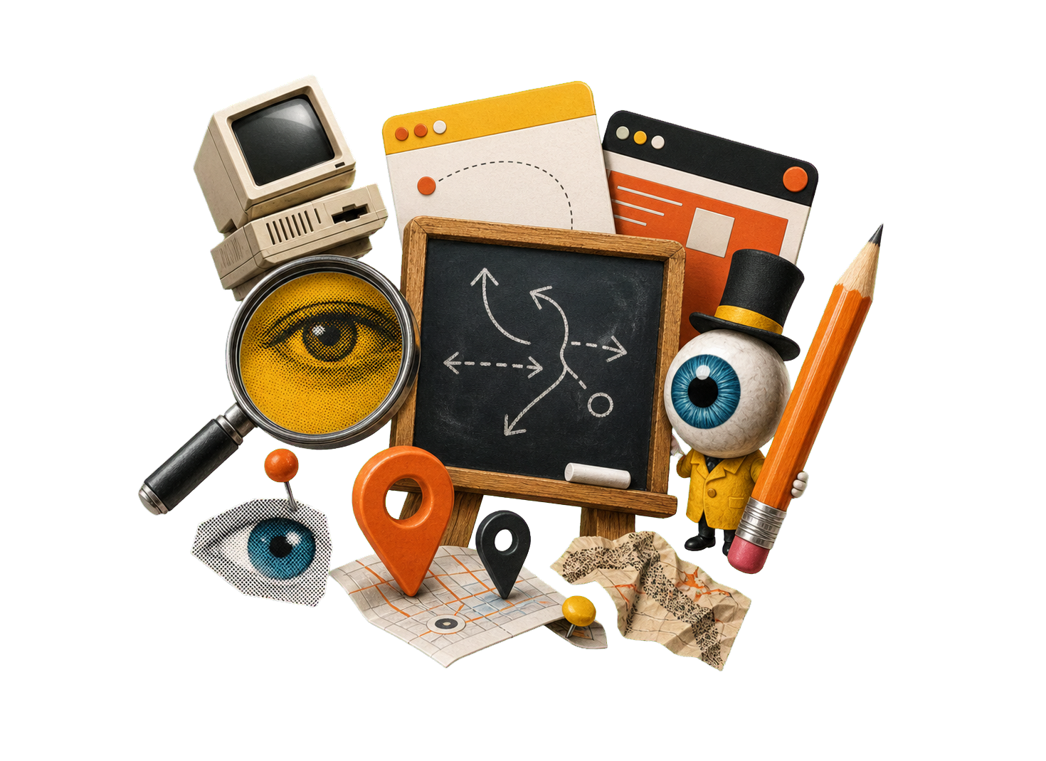 Editorial search collage with website and local visibility objects