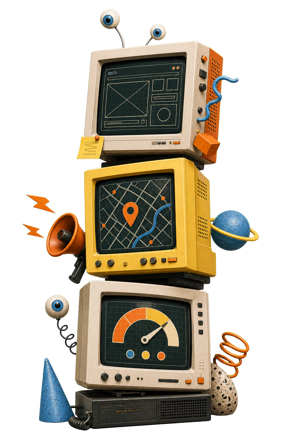Stacked retro monitors showing website and SEO states