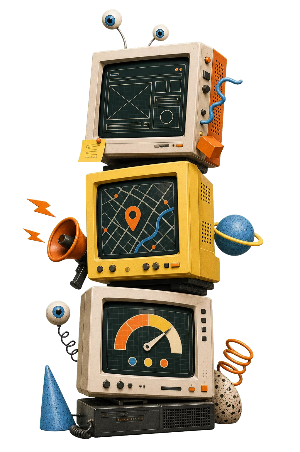 Stacked retro monitors showing website and SEO states