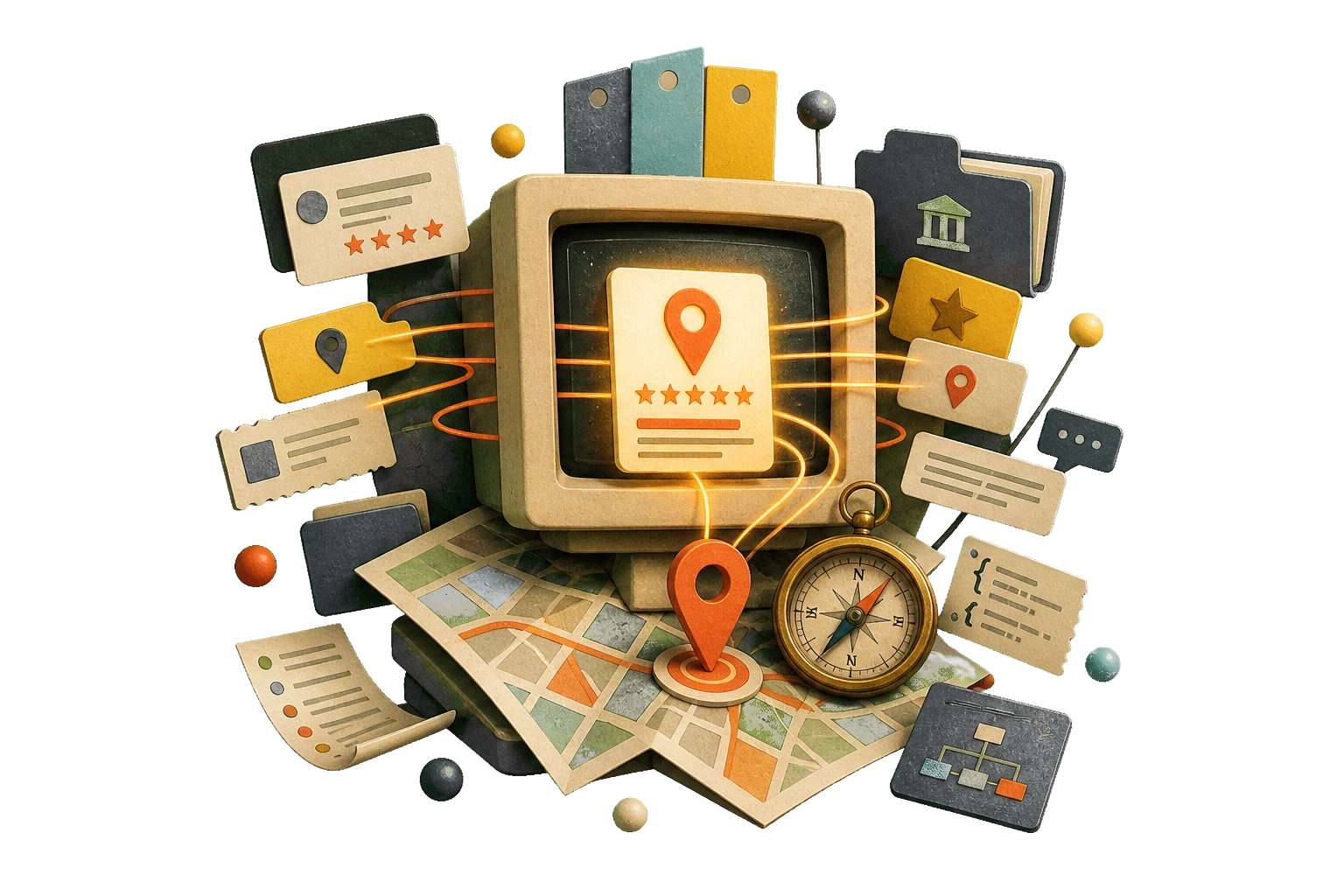 Surreal local search answer machine with map pins, reviews, and citation cards