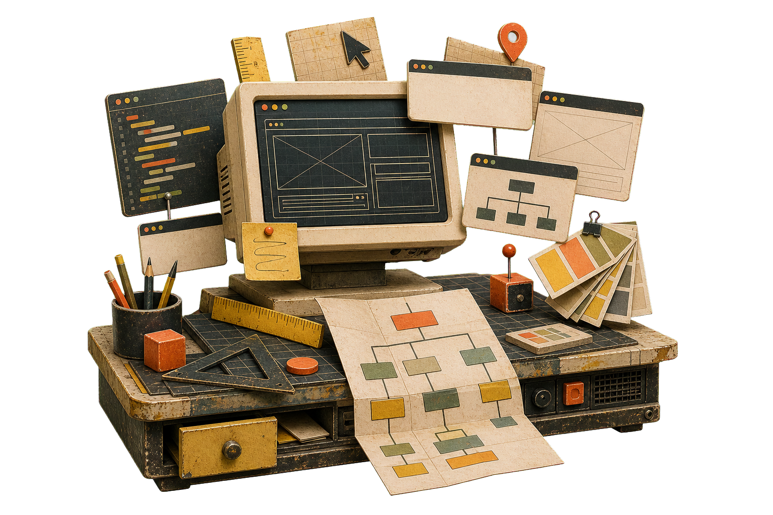 Surreal web design workbench with retro browser layouts