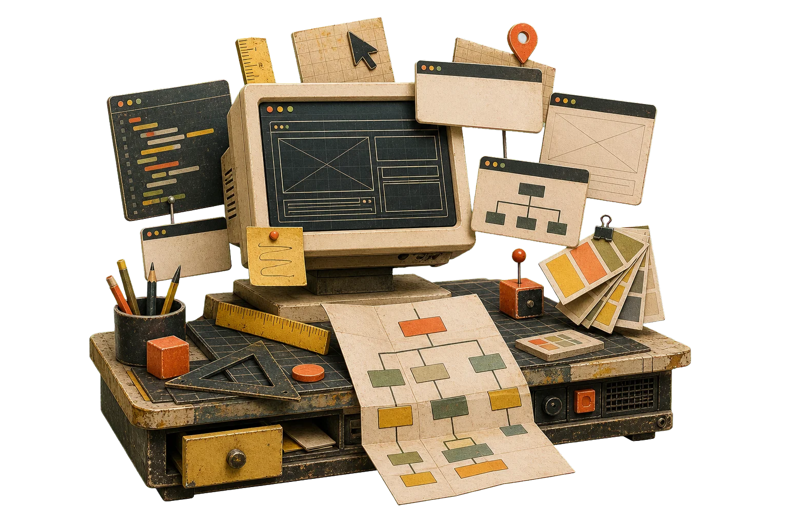 Surreal web design workbench with retro browser layouts