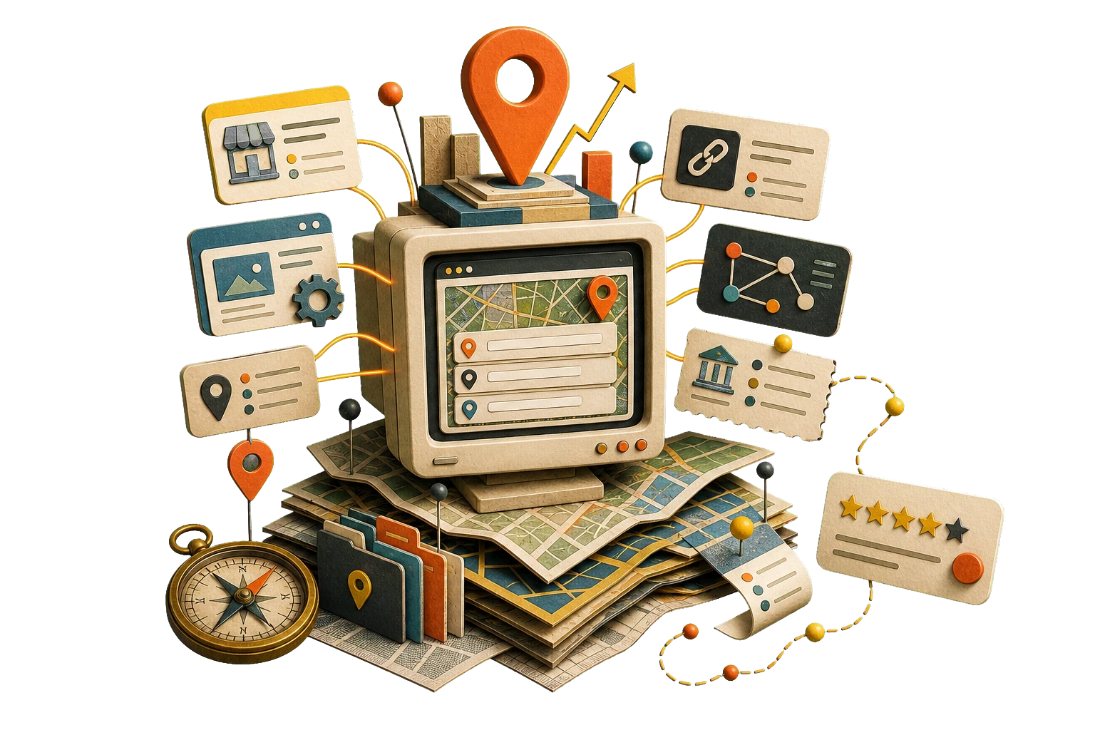 Surreal Google Maps ranking signal machine with map pins, listings, and review cards