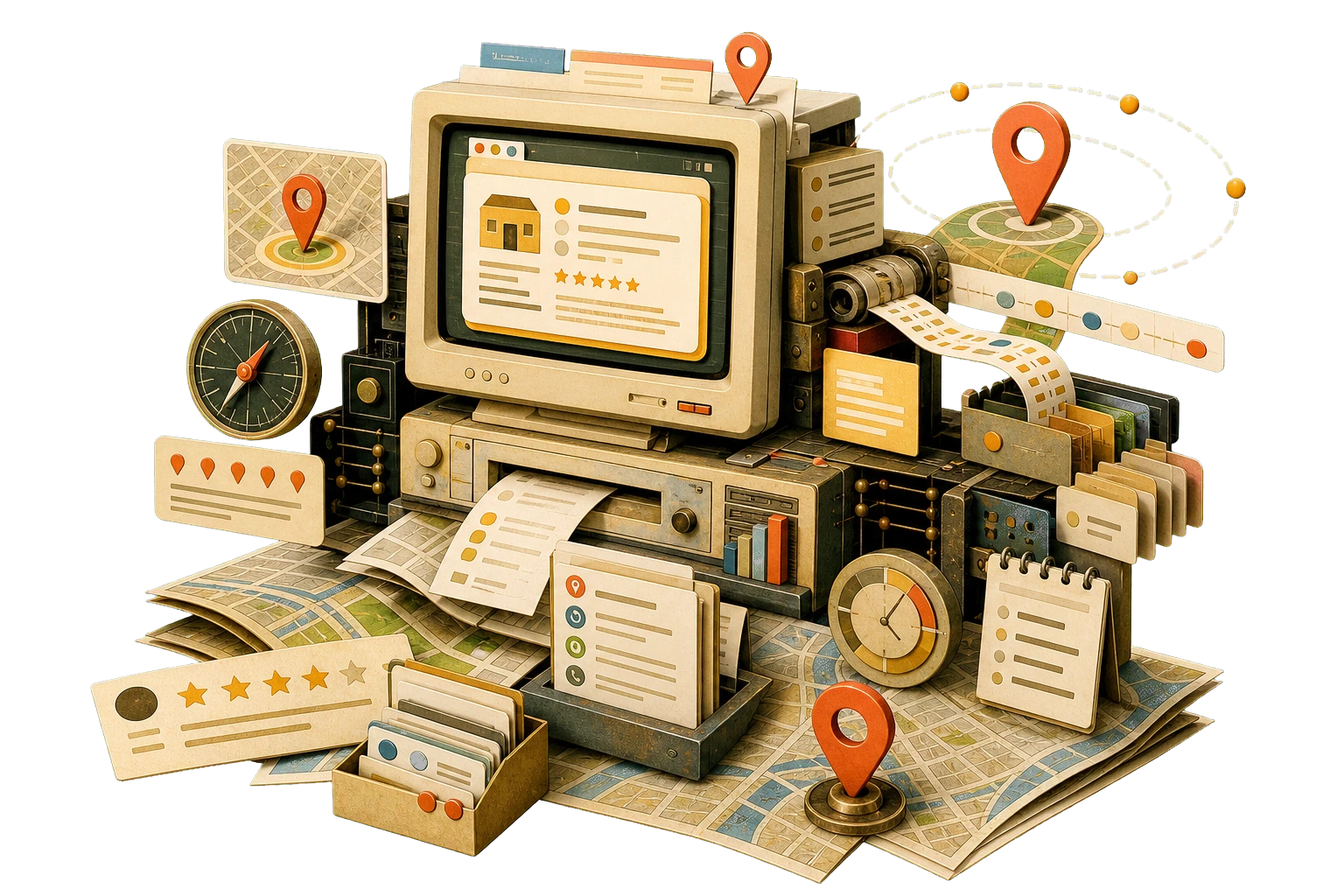Surreal retro terminal rendering a local business listing with map pins, star ratings, and labelled data drawers
