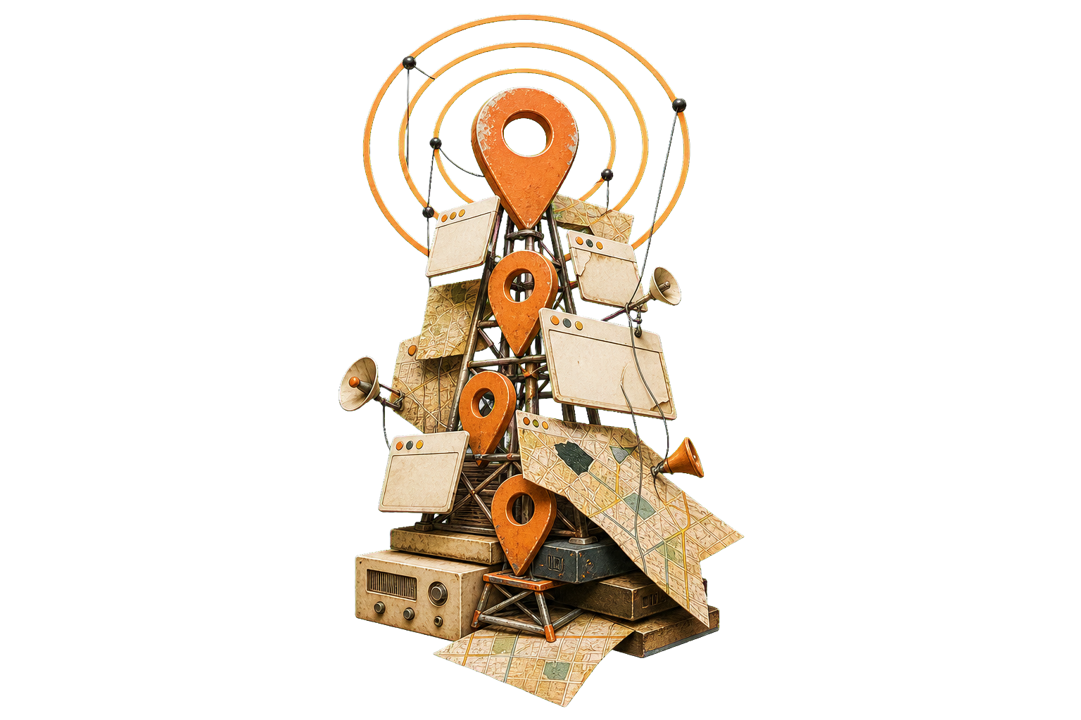 Surreal radio tower built from map pins and local search signals