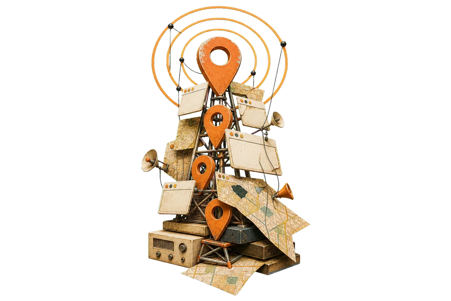 Surreal local search radio tower built from map pins