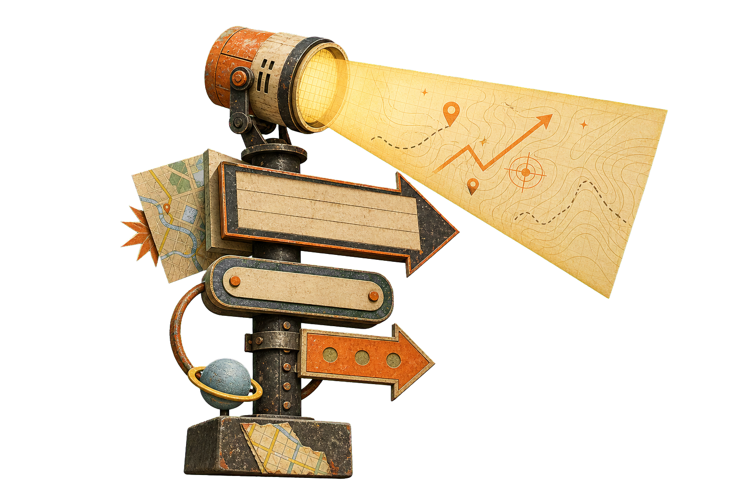 Surreal signpost with searchlight showing ranking signals