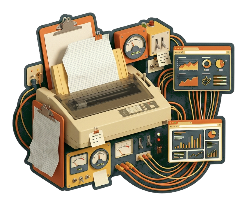 Surreal SEO audit machine with retro interface elements