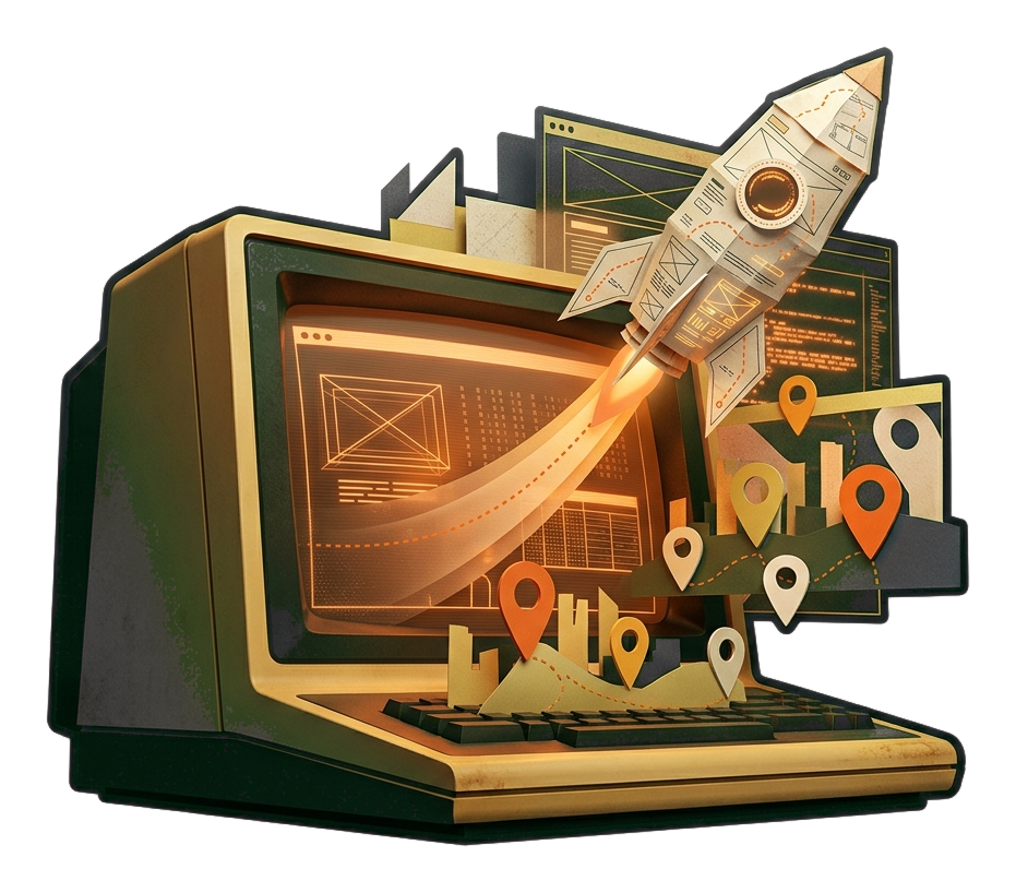 Surreal website launch terminal with retro hardware