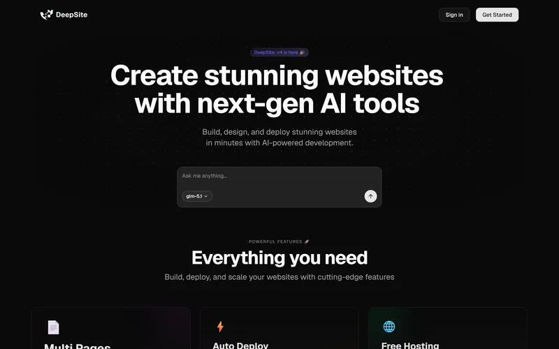 DeepSite homepage in August 2026