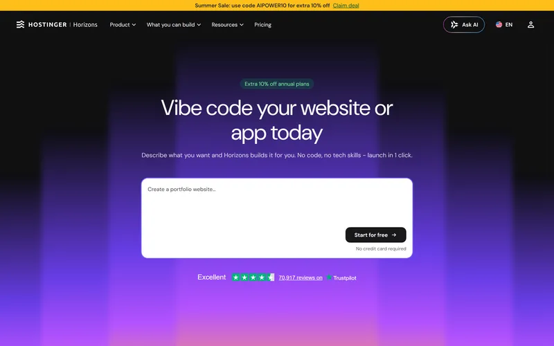 Hostinger Horizons homepage in August 2026