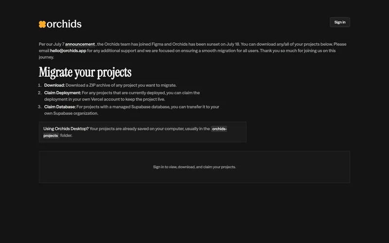 The Orchids website showing a project migration notice after shutdown