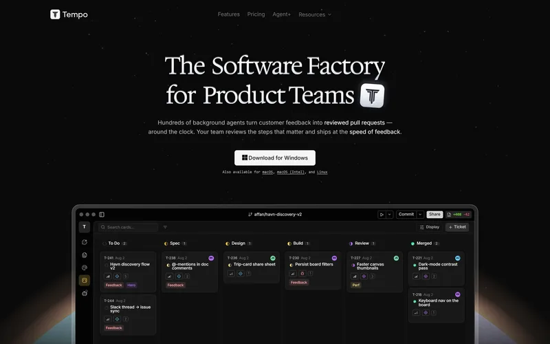 Tempo homepage in August 2026, repositioned as a software factory for product teams