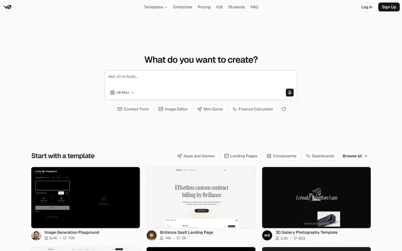 v0 by Vercel homepage in August 2026