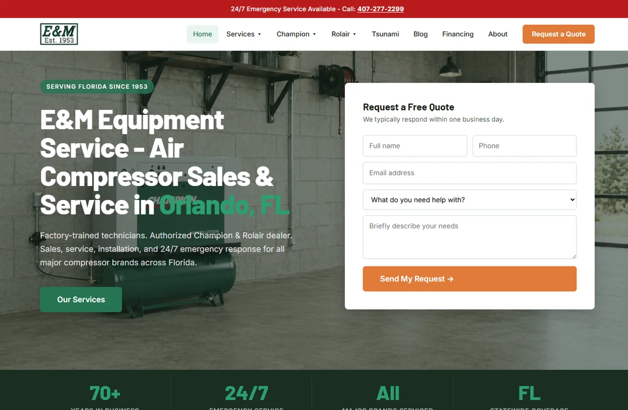 E&M Equipment redesigned homepage screenshot